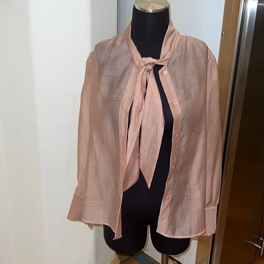 Sheer pink champagne color button down size S womens with bow tie